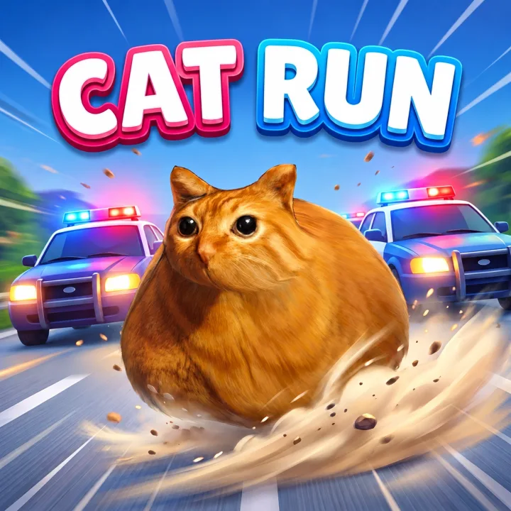 Cat Run: a round orange cat running down a highway ahead of police cars